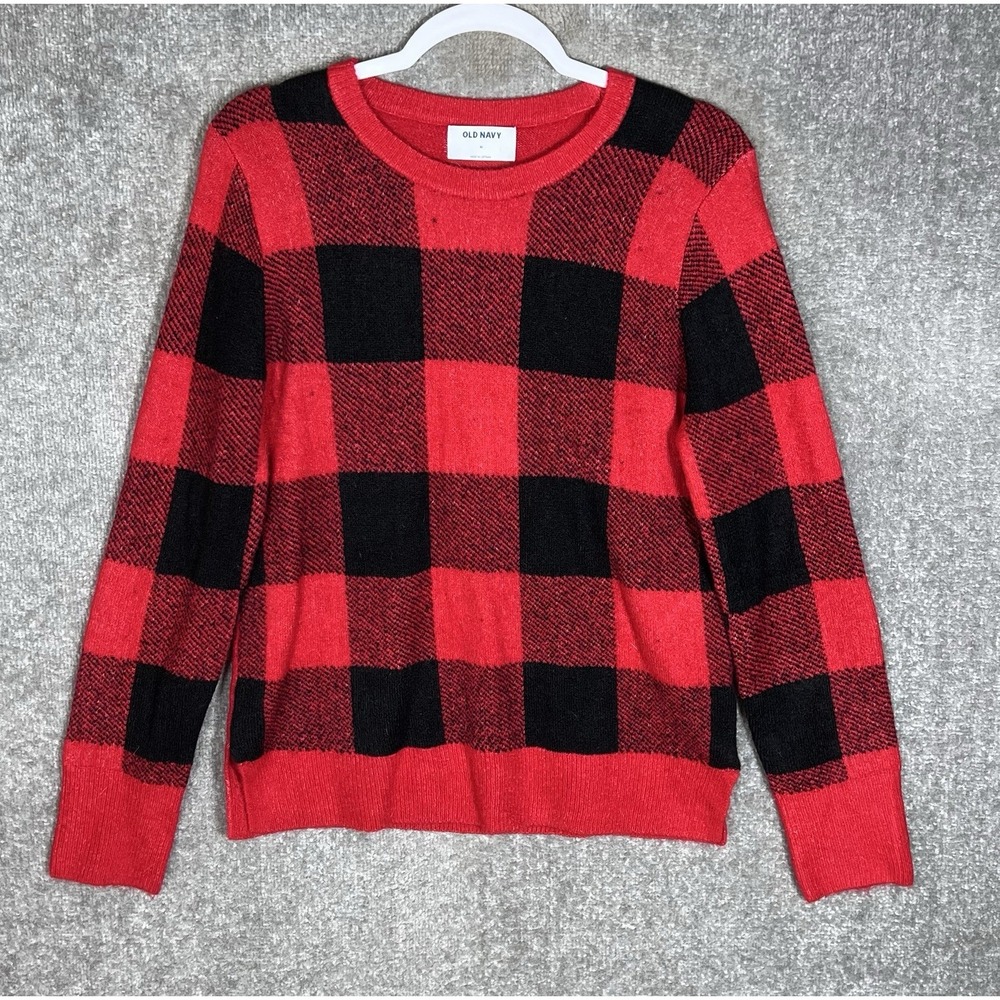 Old Navy Soft Cozy Pullover Sweater Womens Sz Medium Red Black Buffalo Plaid
